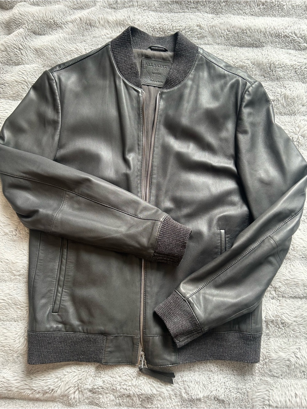 Men’s AllSaints Leather Bomber Jacket Large Slate Gray